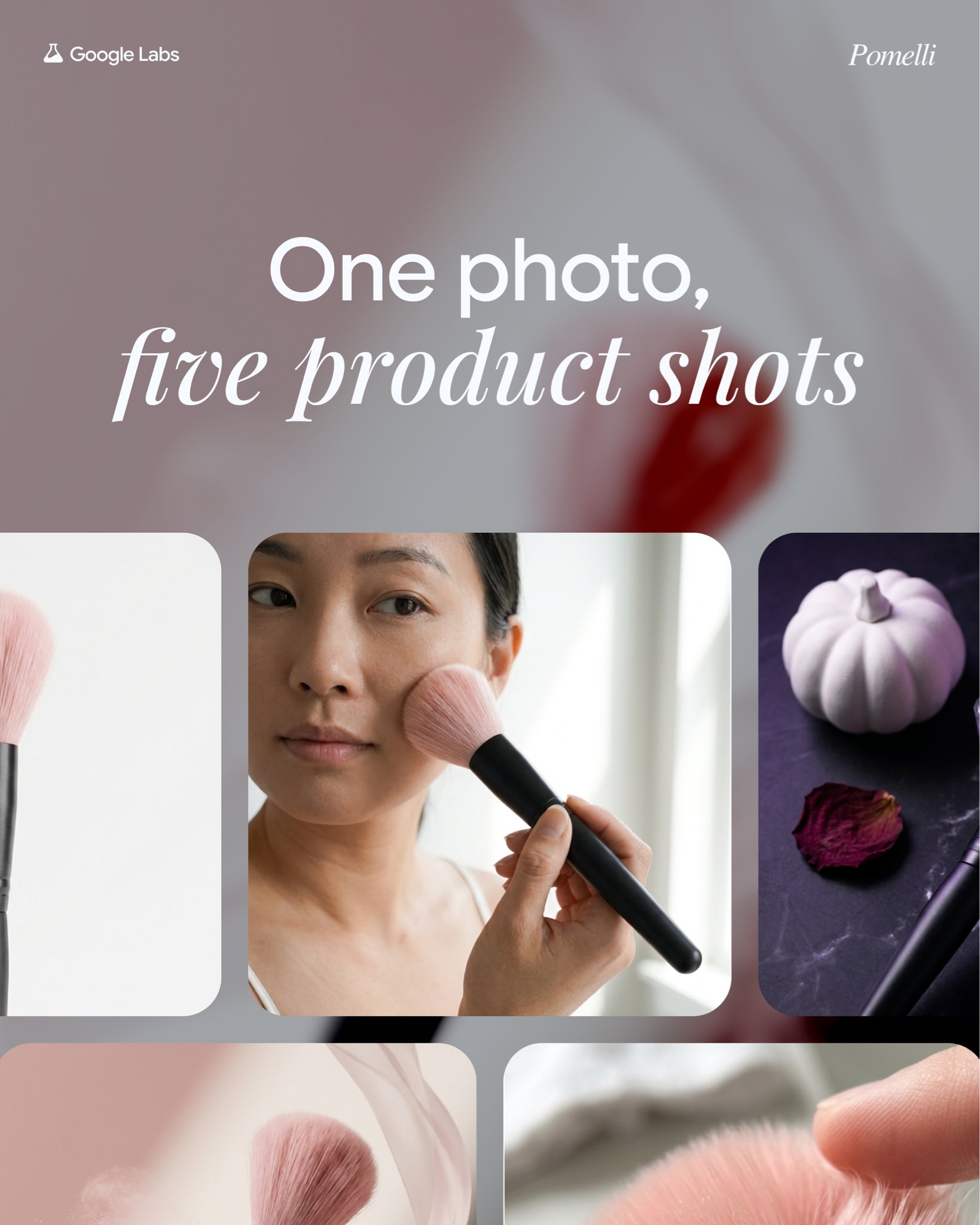 Vue d’ensemble des déclinaisons d’un pinceau de maquillage. Visuel de démonstration Google Labs / Pomelli, publié sur X le 14 septembre 2026 ; original non retouché.