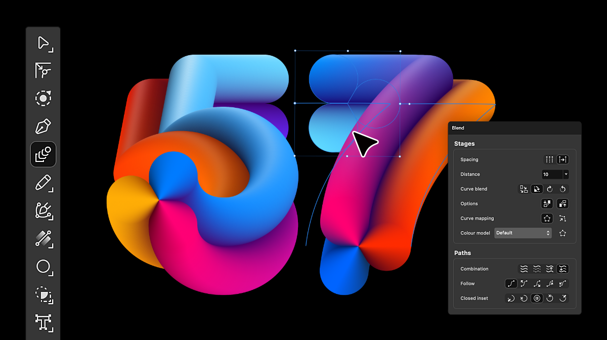 Création vectorielle et Blend Tool dans Affinity. Visuel officiel Affinity, septembre 2026 ; il ne s’agit pas d’une réalisation ou d’un test MindAtlas.