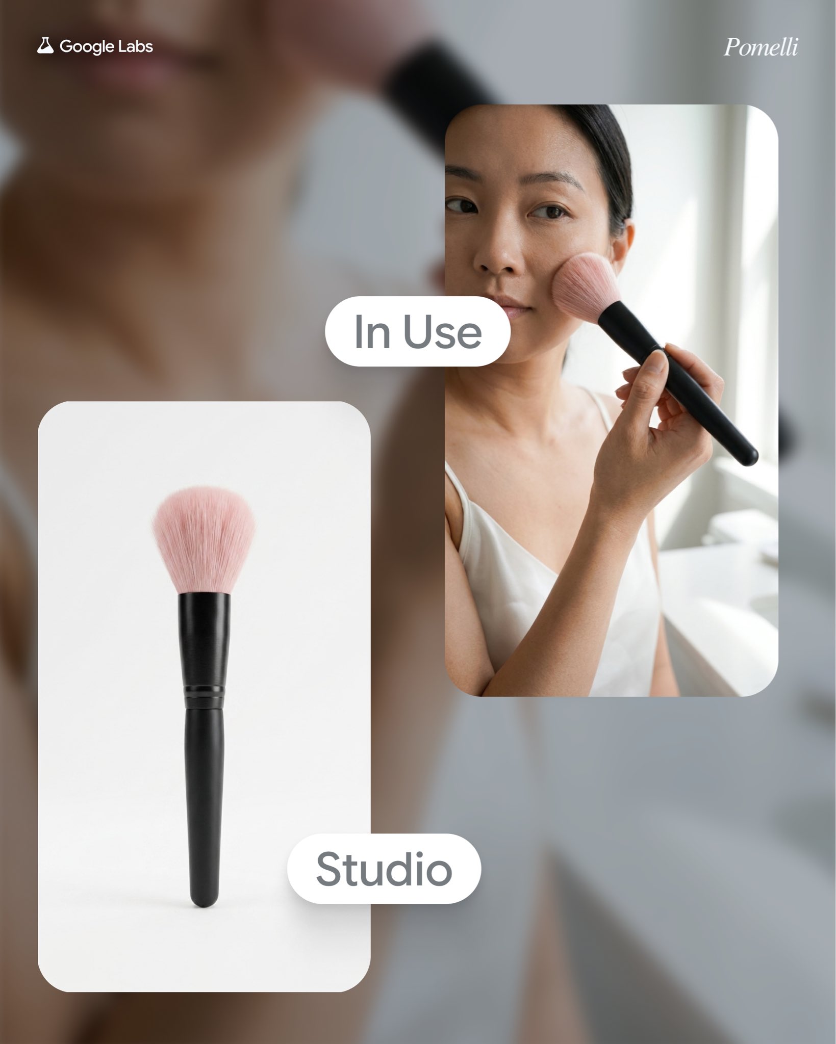 Les rendus « Studio » et « In Use » mettent en parallèle l’objet isolé et une scène d’utilisation générée. Démonstration Google Labs / Pomelli, et non cliente ou témoignage MindAtlas.