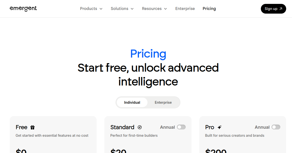 Page tarifs officielle d'Emergent (emergent.sh/pricing), capture du 20 octobre 2026.