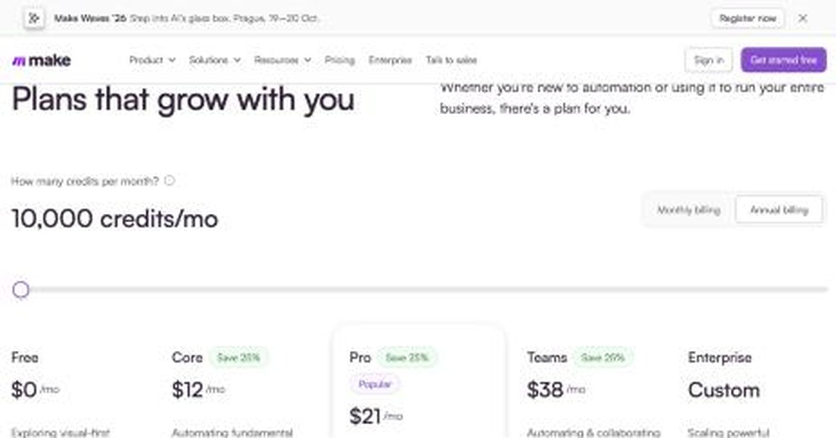 Page tarifs officielle de Make (paiement annuel, 10 000 crédits par mois), capture de l'après-midi du 20 octobre 2026.